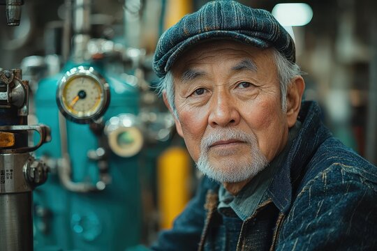 Portrait of an elderly man in a workshop with industrial equipment in the background - Powered by Adobe
