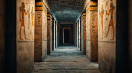 Fototapeta premium Ancient corridor with carved pillars and dim lighting, leading to a mysterious entrance.