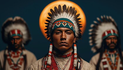 Obraz premium Native American men in traditional attire with headdresses on a dark background.