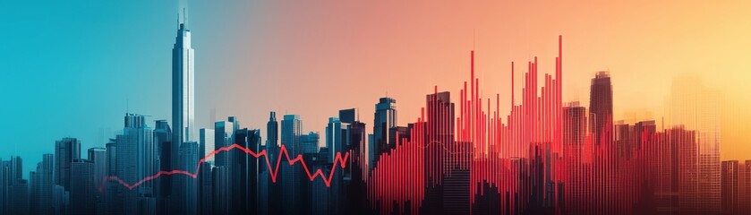 Obraz premium A vibrant city skyline transitions from blue to orange, featuring an iconic building and a dynamic graph, symbolizing urban growth and economic trends.