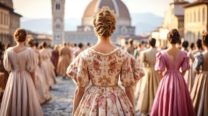 Fototapeta premium Women in historical dresses standing together in a scenic outdoor setting.