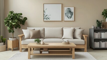 Obraz premium Bright contemporary living area showcases a beige sofa, wooden furniture accents, and framed minimalist wall art against a neutral backdrop.
