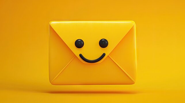 A cheerful email icon character exhibits a pop art style against a vibrant yellow backdrop, capturing the essence of happiness in a visually engaging design. Ideal for projects needing a joyful touch.