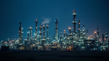 Illuminated industrial refinery at night with smokestacks and bright lights