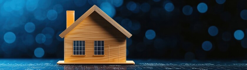 Obraz premium A wooden house model is set against a blue bokeh background, evoking a sense of home and comfort.