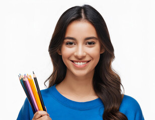 portrait of pretty smiling young woman college student girl holding pencils on white background