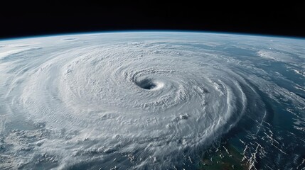 Satellite view of a powerful cyclone swirling over the ocean.