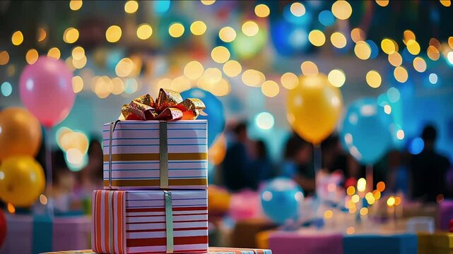 A colorful stack of wrapped gifts on a decorated table at a festive celebration