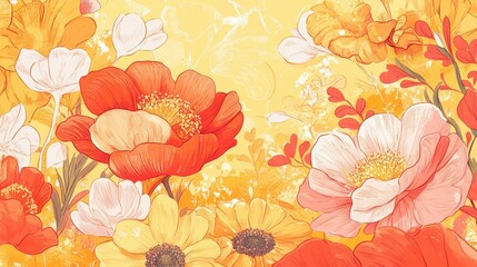 Colorful floral illustration with yellow background.