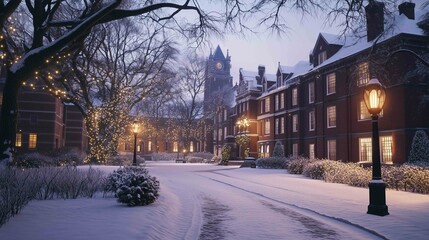 Ivy League university in the winter, dusk time during Christmas, wide angle
