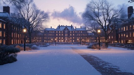 Naklejka premium Ivy League university in the winter, dusk time during Christmas, wide angle 