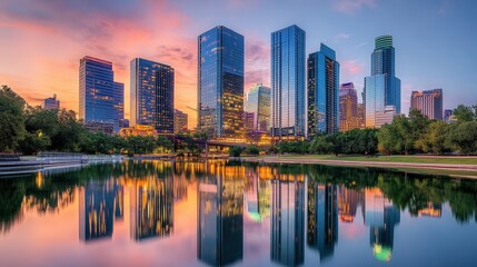 Modern skyline at dusk with glass skyscrapers reflecting a vibrant orange and blue sunset, creating a dramatic urban landscape