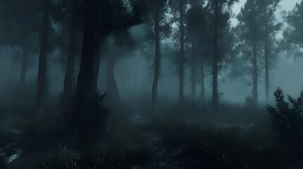 Fototapeta premium A dark and misty forest path shrouded in fog.