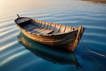 Obraz premium A weathered wooden boat floating gently on calm lake water under a blue sky reflecting in the surface