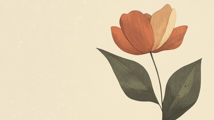 A single flower and leaves on a beige background.