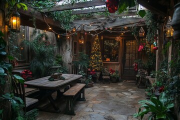 Fototapeta premium The interior of a rustic room decorated for New Year's Eve celebration, Cristmas theme