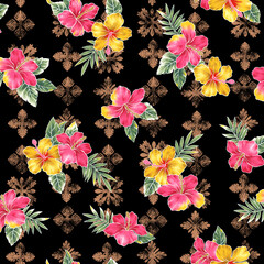 Hand drawn tropical beautiful flowers seamless pattern,,