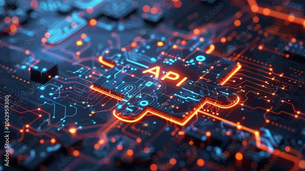 Wall mural digital representation of api integration concept with two interlocking puzzle pieces against a futu