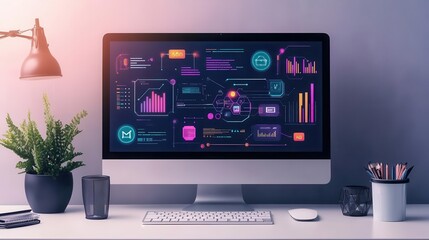 A modern workspace featuring a computer screen displaying colorful data visualizations, a plant, and office supplies on a clean desk.