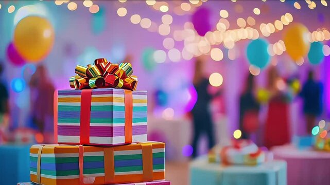 A colorful stack of wrapped gifts on a decorated table at a festive celebration