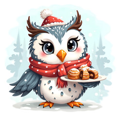 Naklejka premium This adorable owl warmly welcomes you with festive treats and a joyful holiday spirit, digital art of character design concept.