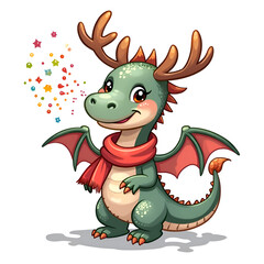 Fototapeta premium A whimsical dragon with antlers brings joy and magic to the forest around it, digital illustration of fantasy character design concept.