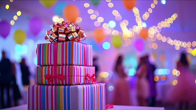 A colorful stack of wrapped gifts on a decorated table at a festive celebration