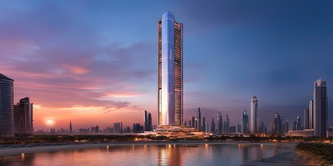 Naklejka premium Modern skyscrapers at sunset by the water.