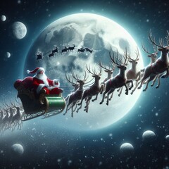 Naklejka premium Santa Claus on the moon with sleigh under a starlit sky