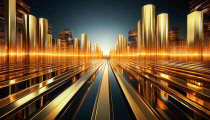Obraz premium Abstract Gold futuristic city background metallic gold texture speed surfaces, pure gold pillars.Generative AI