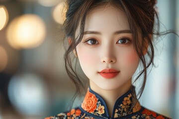 Fototapeta premium Elegant woman in traditional chinese dress with soft lighting and bokeh background
