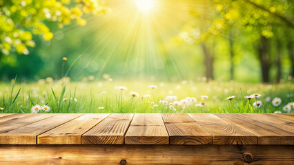 Empty wooden table top with forest glade with daisies in sunlight, spring background for presentation, advertising, congratulations