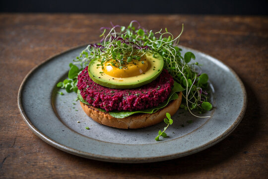 Vegan burger with a beet patty, avocado slices, and microgreens, served open-faced on a ceramic plate