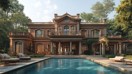 Elegant mansion with a pool surrounded by lush greenery.