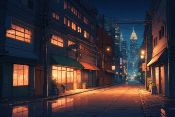 Anime style, empty city street at night, warm lights from buildings, quiet and calm, soft glow from windows