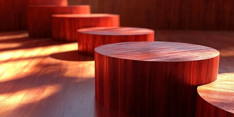 Round red empty podium for product presentation and exhibition on red background