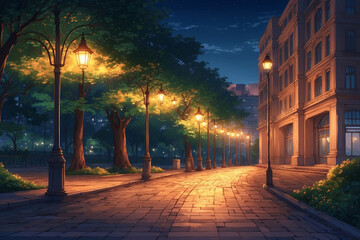 Anime style, empty park in city center, warm lights from surrounding buildings, quiet and tranquil evening