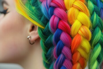 A woman with vibrant hair extensions in a French braid.