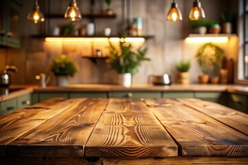 Low Light Photography of a Wooden Table Top with a Blurred Kitchen Counter Background for Cozy Interior Decor Inspiration