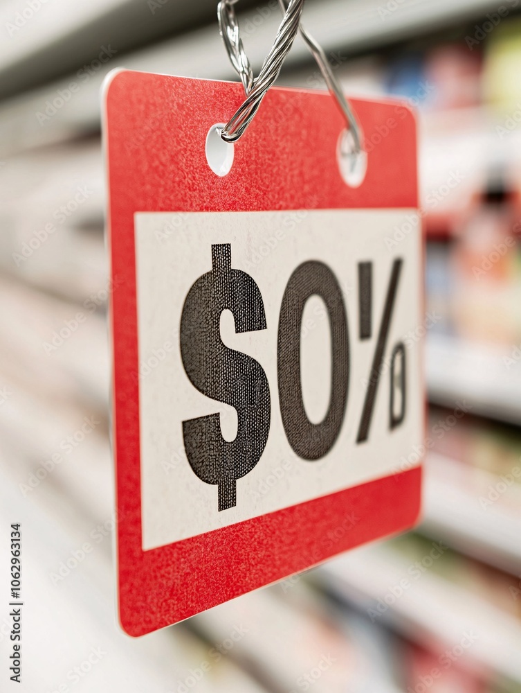 Poster a price tag with a large discount label hanging on a retail shelf, highlighting value and cost savin