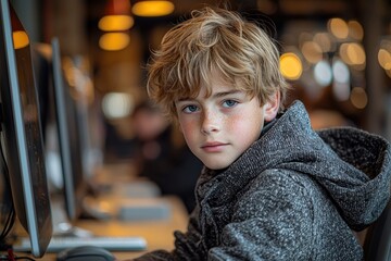 Focused young boy in sweater using computers in modern bright classroom