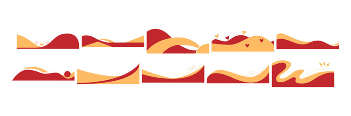 Set of abstract red and yellow landscape banners with flowing curves, heart motifs, and decorative swirls, perfect for romantic, seasonal, or decorative designs.