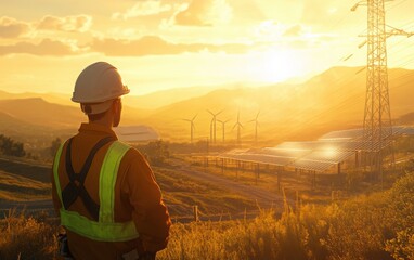 Design a photorealistic image showcasing a worker in high-visibility safety clothing and a hard hat, positioned at a wind power plant.