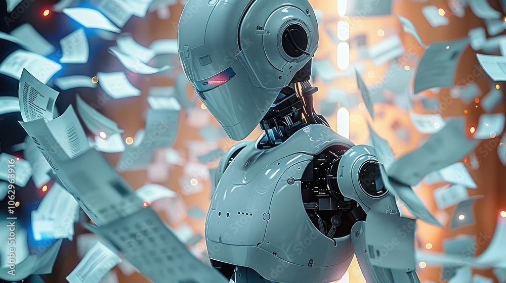 Aufkleber a futuristic, minimalistic ai robot with a sleek design, spitting out endless streams of fake papers