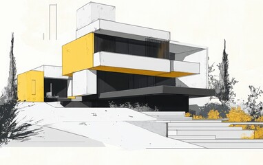 Design a refined sketch of a modern house with prominent green accents, using an architectural drawing approach. 