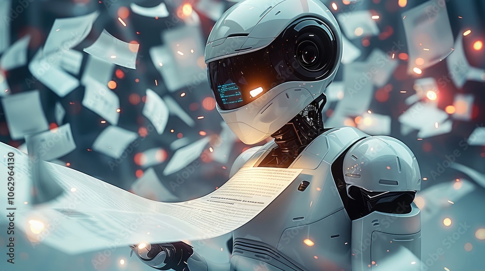 Aufkleber a futuristic, minimalistic ai robot with a sleek design, spitting out endless streams of fake papers
