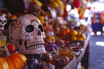 Naklejka premium Vibrant and colorful Day of the Dead decoration on sale at a candy shop. Includes skulls, pumpkins, candies, and traditional fruit for the celebration.
