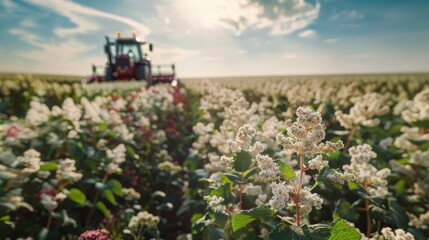 Field of white flowers is being harvested by a tractor. The tractor is in the foreground and the flowers are in the background