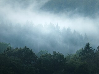 Mesmerizing view of Misty mountains at dusk with an eerie atmosphere and fog