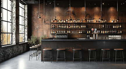 Modern industrial-style bar with black steel, brick wall, and concrete floor. The bar counter has multiple beer taps mounted on the back, with seating at high-top tables in front of the bar.